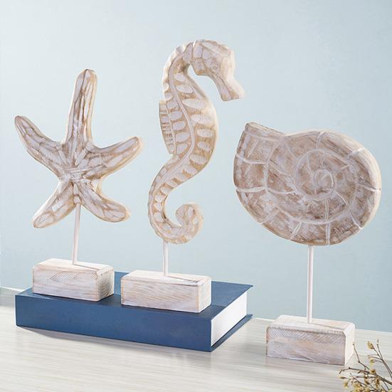 Figura de Madera Hecha a Mano Estilo Náutico de Playa Estrella de Mar/Caracola/Caballito de Mar Estatua de Mesa sobre Soporte para Hogar Casa del Lago Decoración Costera del Océano