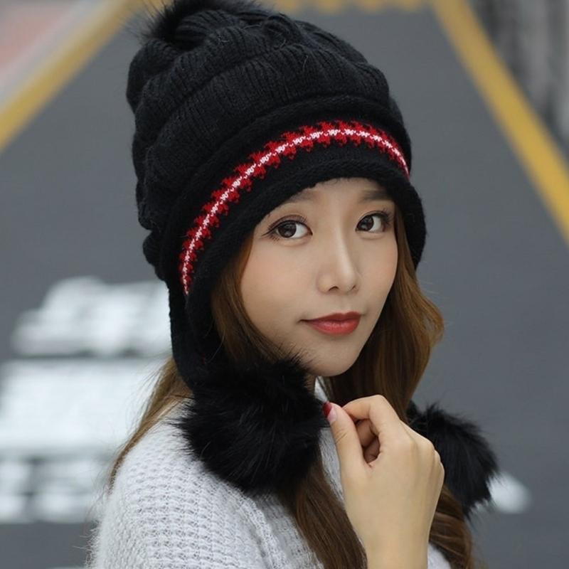 Elegant Knitted Winter Hat With Pompoms Design And EarFlaps For Women Outdoor Activities Cold Weather