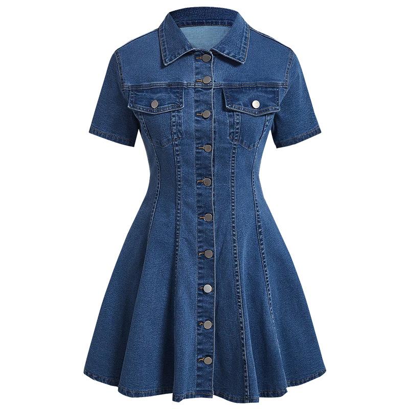 

Women s Short Sleeve Denim Look Collared A-Line Dress with Button Front and Waist Cinch S темно-синий