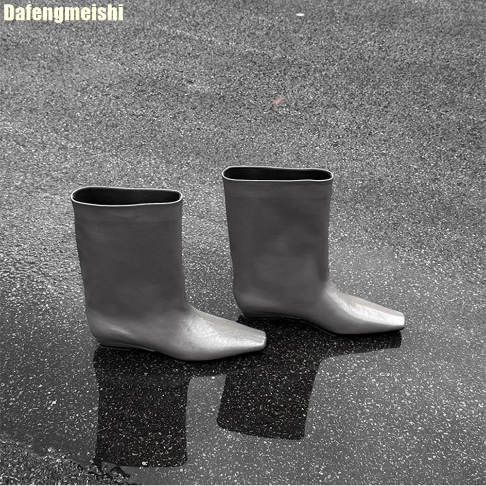 Fashion Cowhide Autumn Winter New Boots Korean Style Simple Square Toe Boots Pull-On Low Heel Knight Boots Women Sleeve Mid-Tube Boots