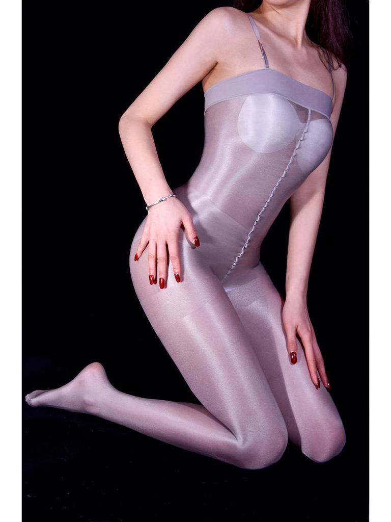 Shebin Black Silk Suspender Tube Top Body Stocking - Shiny, Sexy, Tight Fit