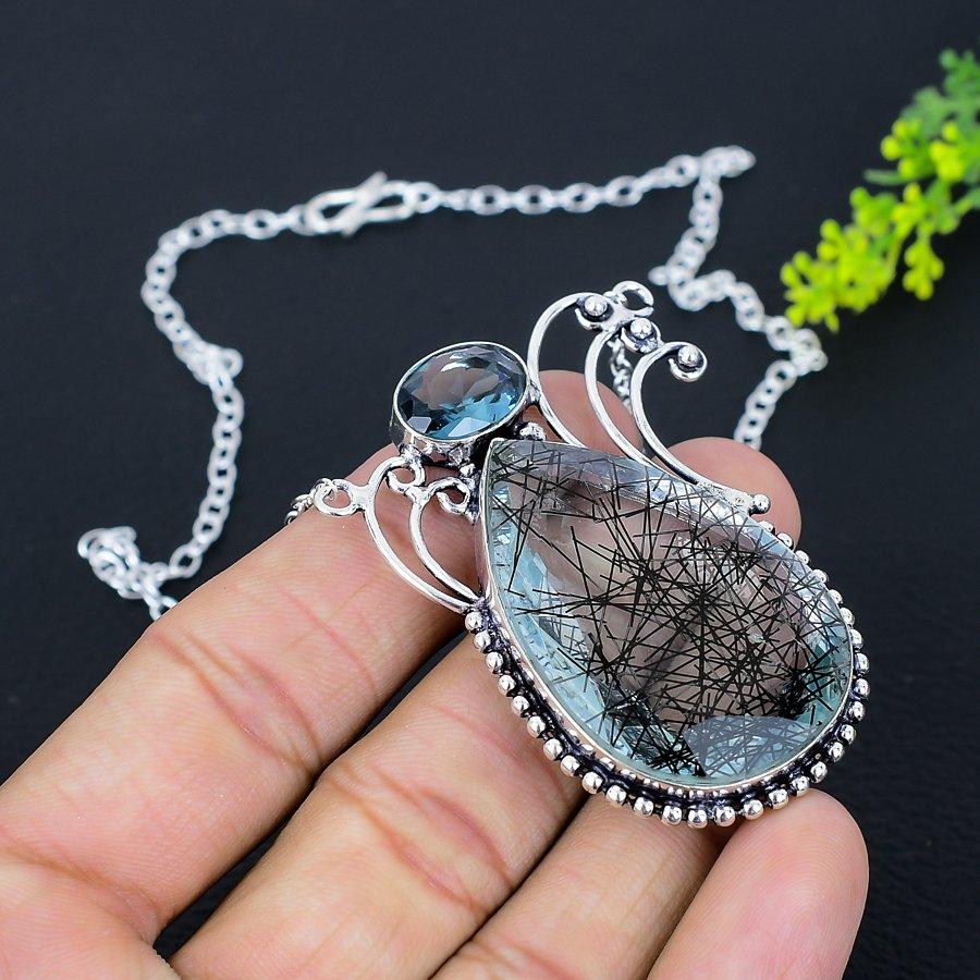 Black Rutile, Iolite Gemstone 925 Sterling Silver Gift Jewelry Necklace 18"
