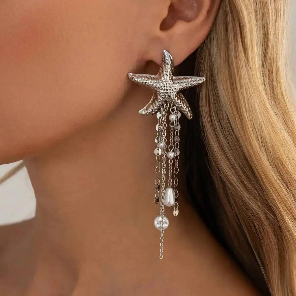 SHIXIN Boho Starfish Imitation Pearl Crystal Long Tassels Pendant Earrings Women Trendy Summer Piercing Drop Earring Y2K Jewelry