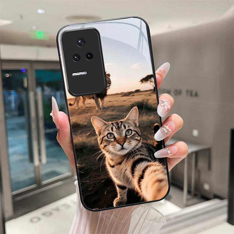 Beautiful Flower Cute Cats Case For Xiaomi Poco F4 5G / Redmi K40S Tempered Glass Phone Case Protective Back Cover Hard Shell