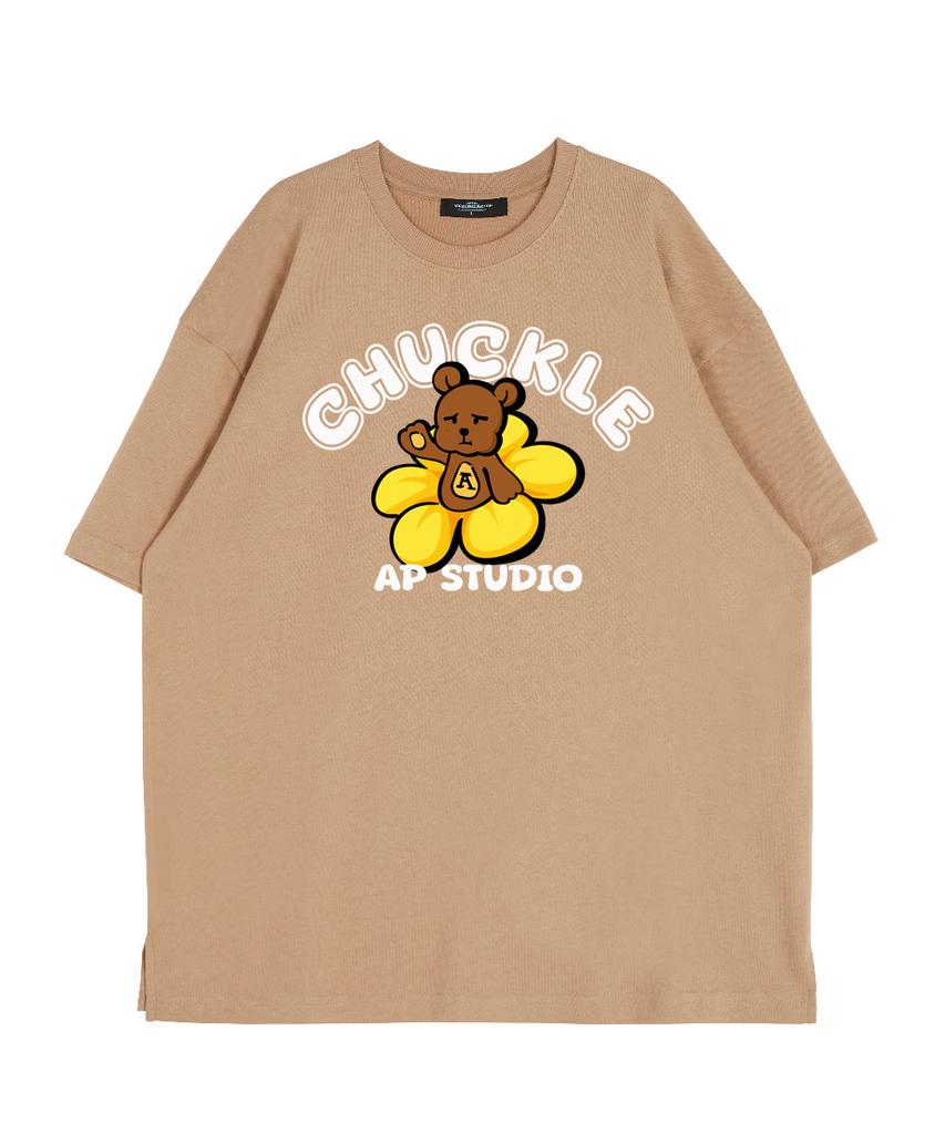 ASTRAL PROJECTION Front Chuckle Bear Round Neck 15-Count Cotton Short Sleeve T-Shirt_Beige