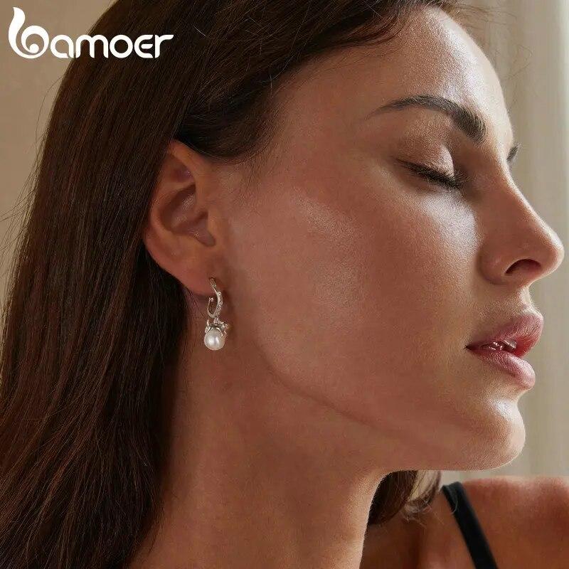 BAMOER 925 Sterling Silver High-quality Shell Pearl Ear Buckles Cute Kitty Hoop Earrings for Women Birthday Gift Fine Jewelry