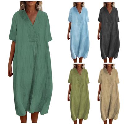 Women's V-Neck Casual Dresses  Beach Holiday Solid Color Vacation Leisure Dresses Loose Cotton Linen Shirt Dress