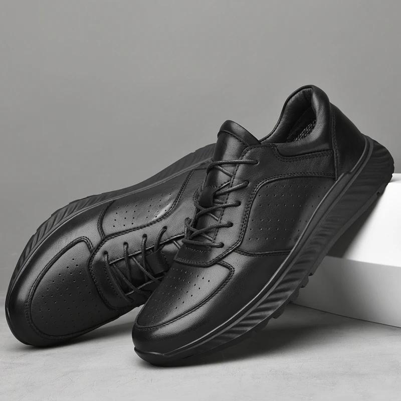 

Men Fashion Genuine Leather Shoes Breathable Lace-up Casual Sneakers Wear-resistant Streetwear Black Shoes For Male 37