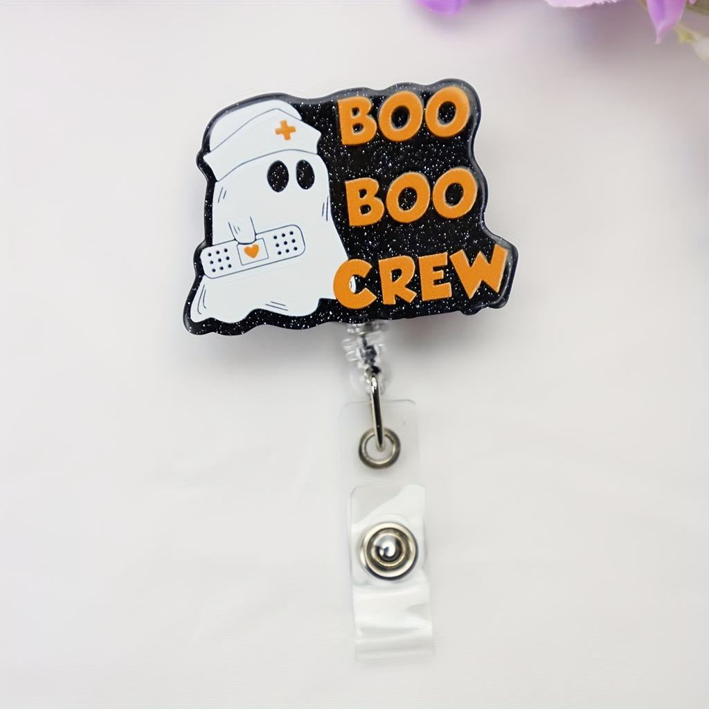 Halloween Boo Boo Crew Ghost Badge Reel, Acrylic Retractable ID Badge Holder with Swivel Clip for Nurses and Medical Staff, English Text