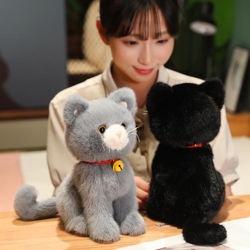 27cm Cartoon Black and Gray Cat Wear Collar Bell Plush Toy Stuffed Animal Dolls Children Toys Gifts Halloween Gifts Toys for Kid