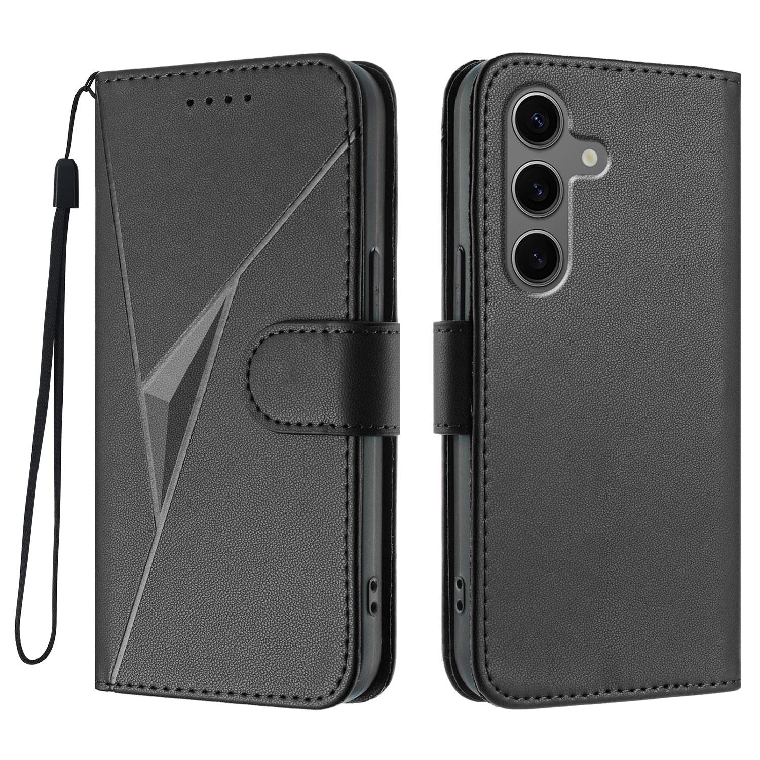 

For Samsung Galaxy S24+/Galaxy S25+ Case Triangle Imprint Leather Phone Cover with Lanyard Black