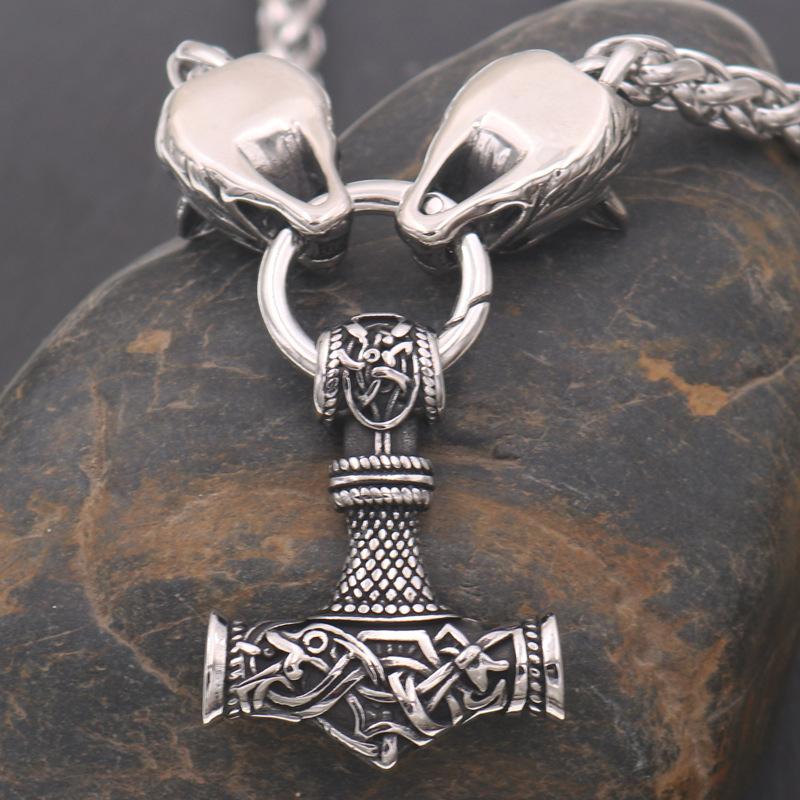 Nordic Viking Wolf Head Thor Hammer Pendant Necklace Men's Accessories