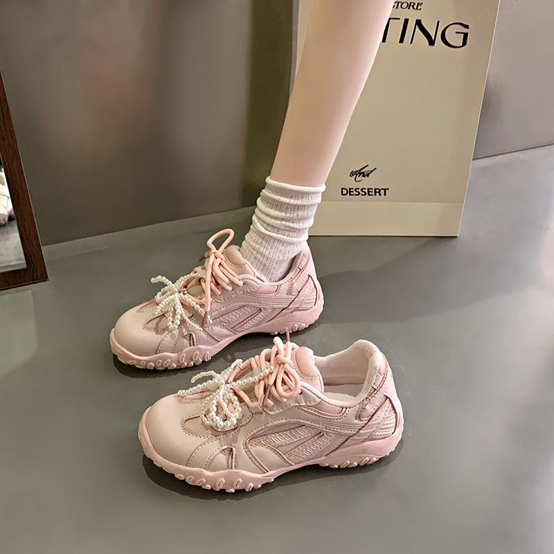 

Lace pearl mandarin duck with thick sole heightening casual moral training shoes women s spring and summer new silver retro Forrest Gump sneakers 40