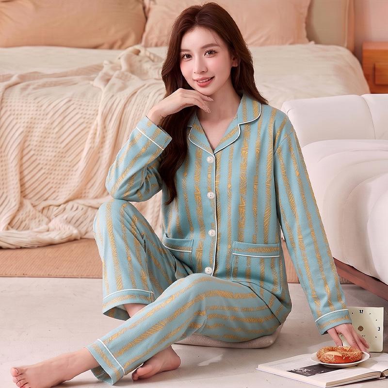 Fashion sweet printed pajamas women's spring and autumn imitation cotton long-sleeved loungewear large size comfortable mother suit