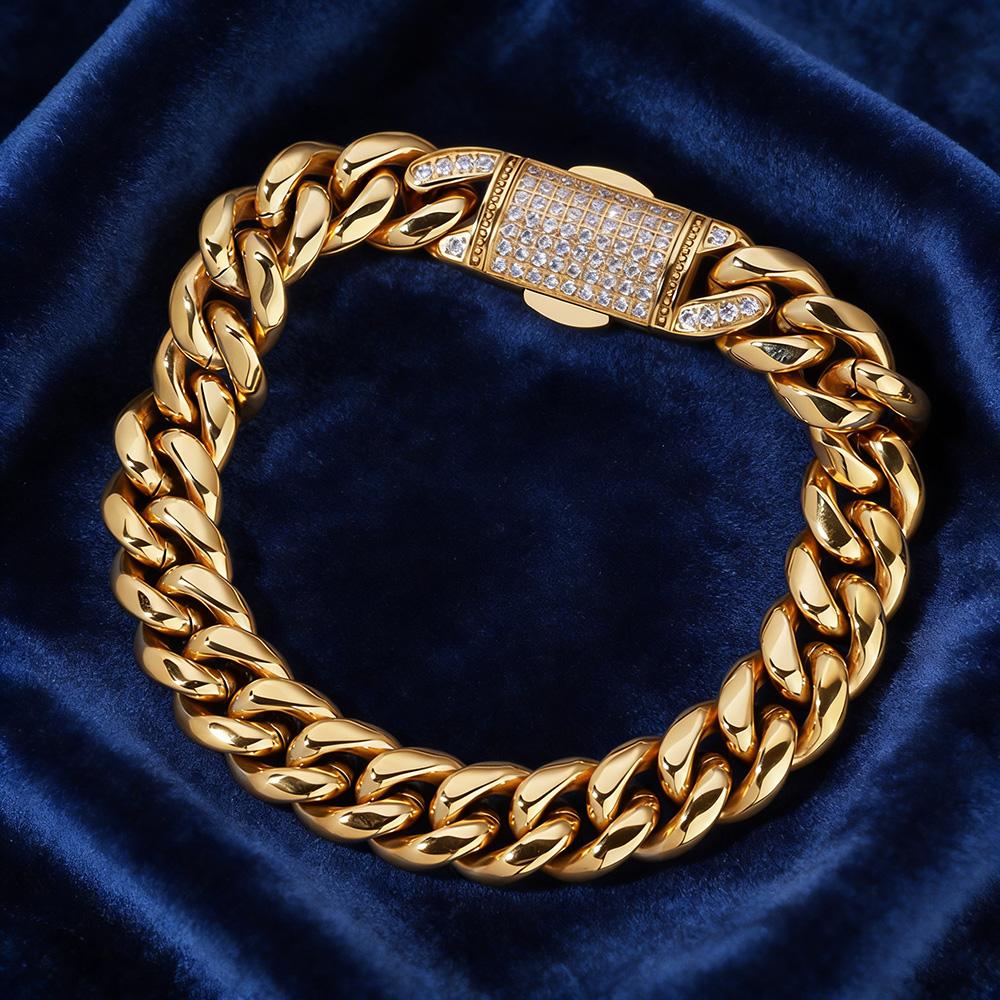12MM Width Stainless Steel Miami Cuban Link Bracelet Iced CNC Inlay Cubic Zirconia Hip Hop Jewelry for Men Women Wholesale