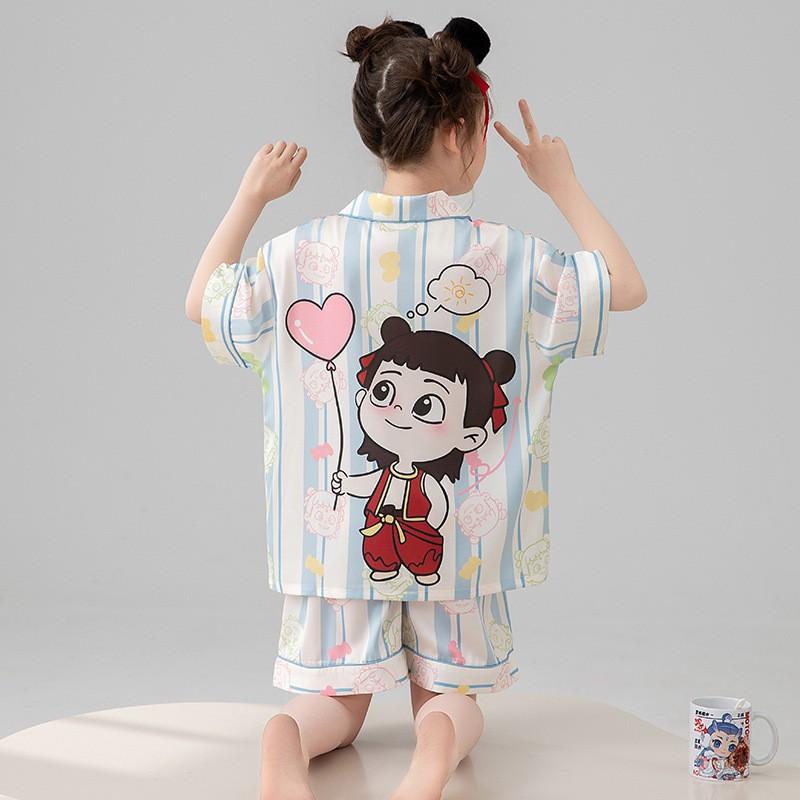 Girls Ice Silk Pajama Set Short Sleeve Cartoon Print Sleepwear Kids 8 Years