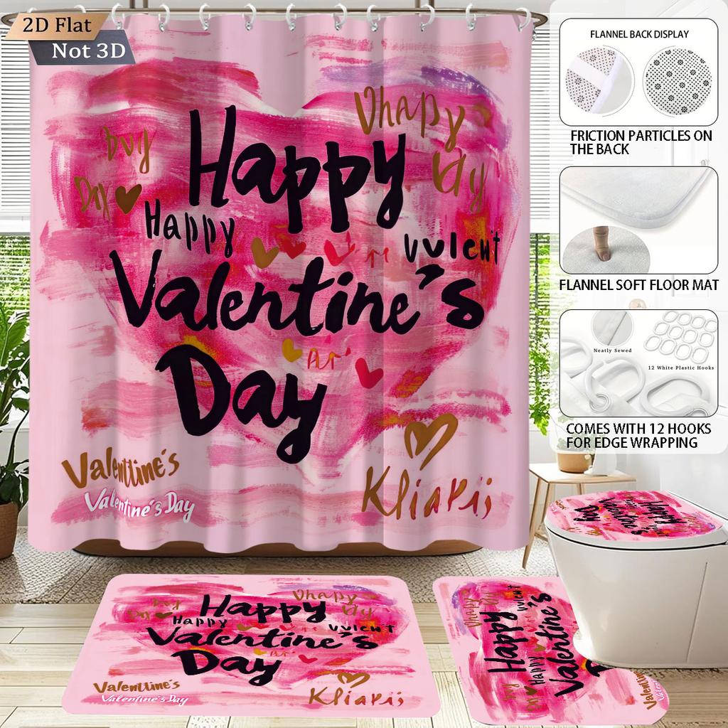 4 Stück Valentinstag Romantische Rose Blume Gedrucktes Badezimmer-Set Wasserdichter Duschvorhang Fußmatte Toilettenmatte U-förmige Matte