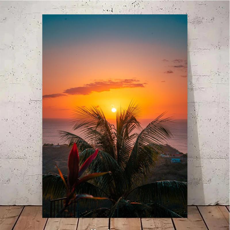Caribbean Sunset Pink Sky Beach Sea Ocean Wave Canvas Wall Art Poster Bridge Palm  Print Painting Summer Home Decoration Gift