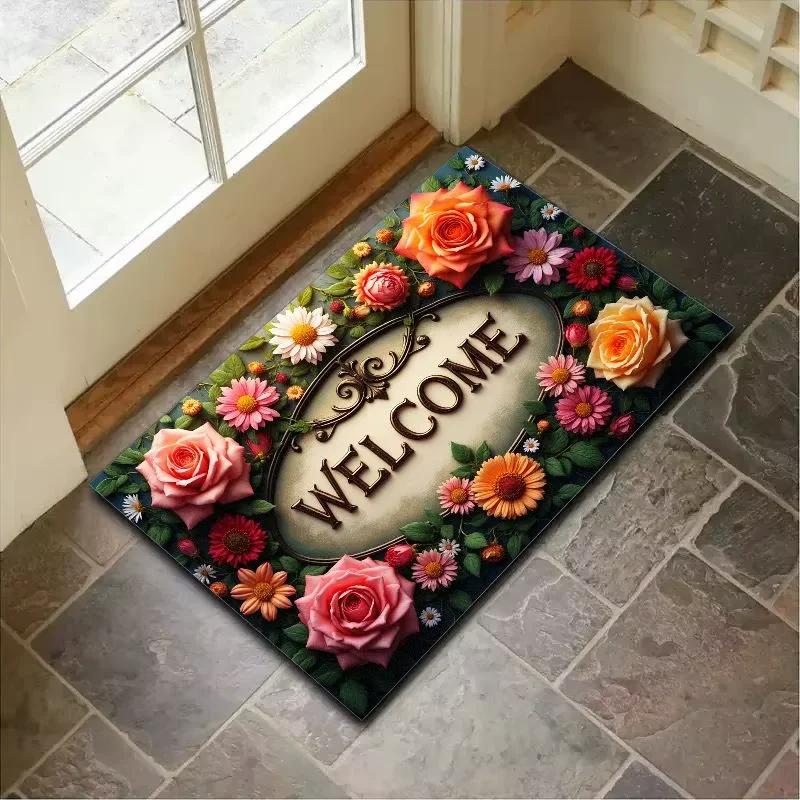 Summer Retro Floor Mat Flower Printed Anti-Slip Entrance Door Mat Home Decoration Indoor Outdoor Area Carpet Bathroom Floor Mat