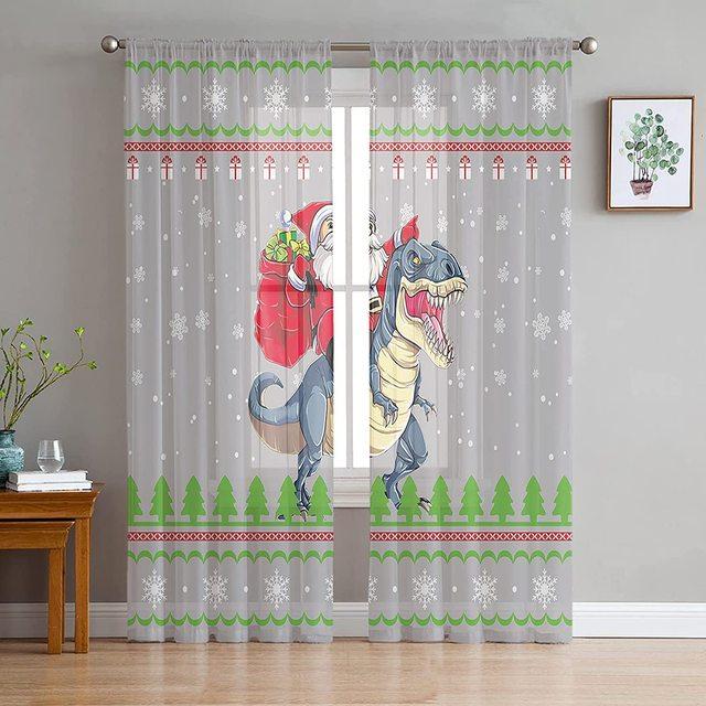 Merry Christmas Dinosaur Santa Claus Snowflake Sheer Voile Curtain Window Treatment For Living Room Party Backdrop Tulle Curtain