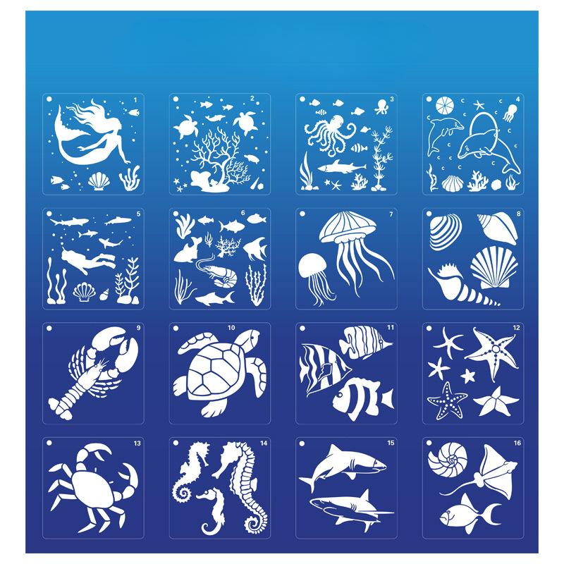 16 Sheets/set, Marine Creatures, Painting Templates, DIY Hand Drawn, Graffiti, Childlike Fun, Painting Tools, Plastic, Hollow Templates