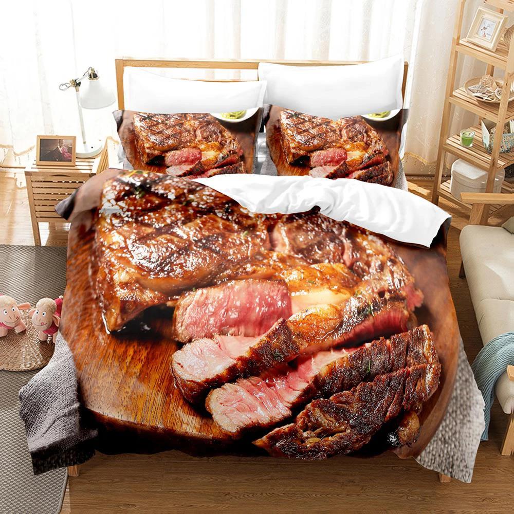 2024 Beefsteak Einzel Doppel Voll Queen King Size Bettwäscheset Jungen Schlafzimmer Bettdeckenbezug 3D-Druck Gourmet-Steak