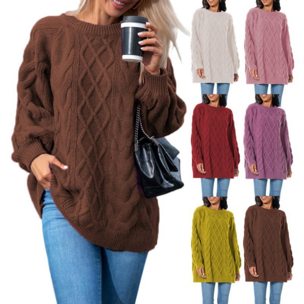Fashionable Women's Thick-knit Pullover Round Neck Cable Sweater