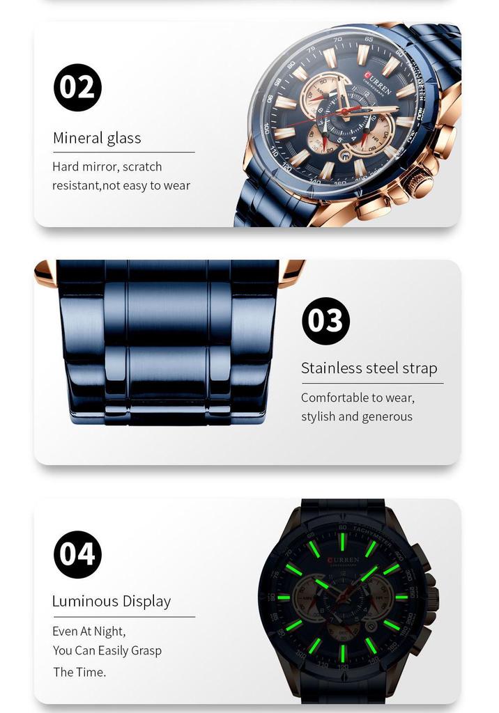 CURREN 8363 Men's Waterproof Quartz Steel Band Watch with Multifunctional Seven-Needle Design and Calendar/Weekday Display.