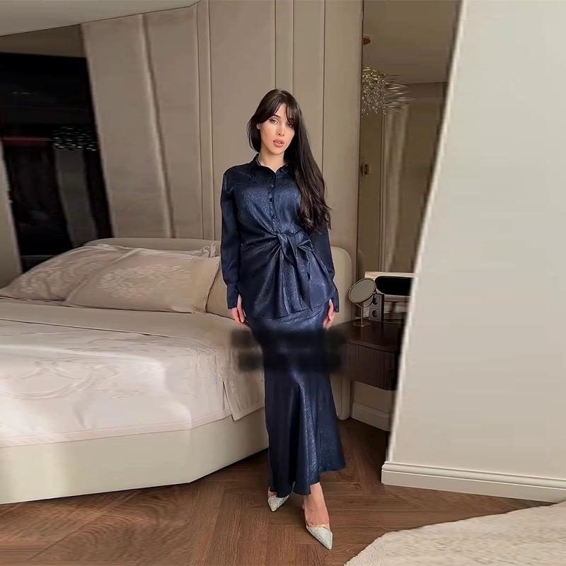 2025 Women's European/American Turn-Down Collar Irregular Button Long Sleeve Top & Skirt Set