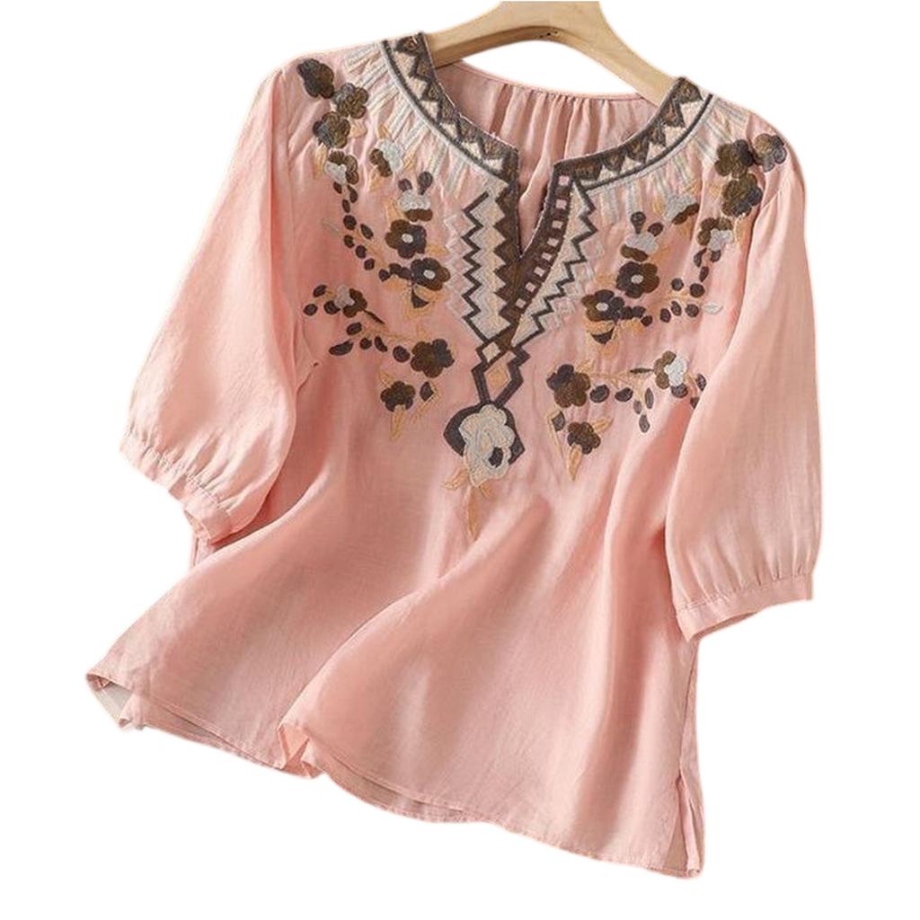 Women's Vintage Inspired Relaxed Fit Embroidered Cotton Linen Blend V-Neck Blouse With Mid Length Sleeves