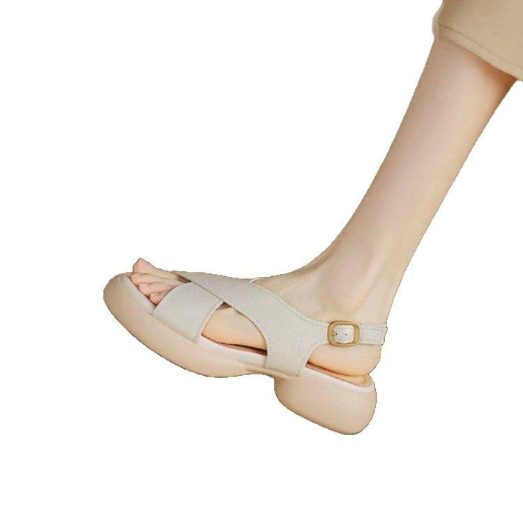 French Soft Leather Cross with Open-toed Sandals Women's 2025 Summer New Casual Comfortable Versatile Platform Roman Shoes Women