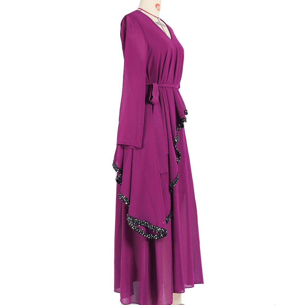 Muslim Dress Purple V-neck Double Layer Chiffon Sequins Irregular Slim Dress
