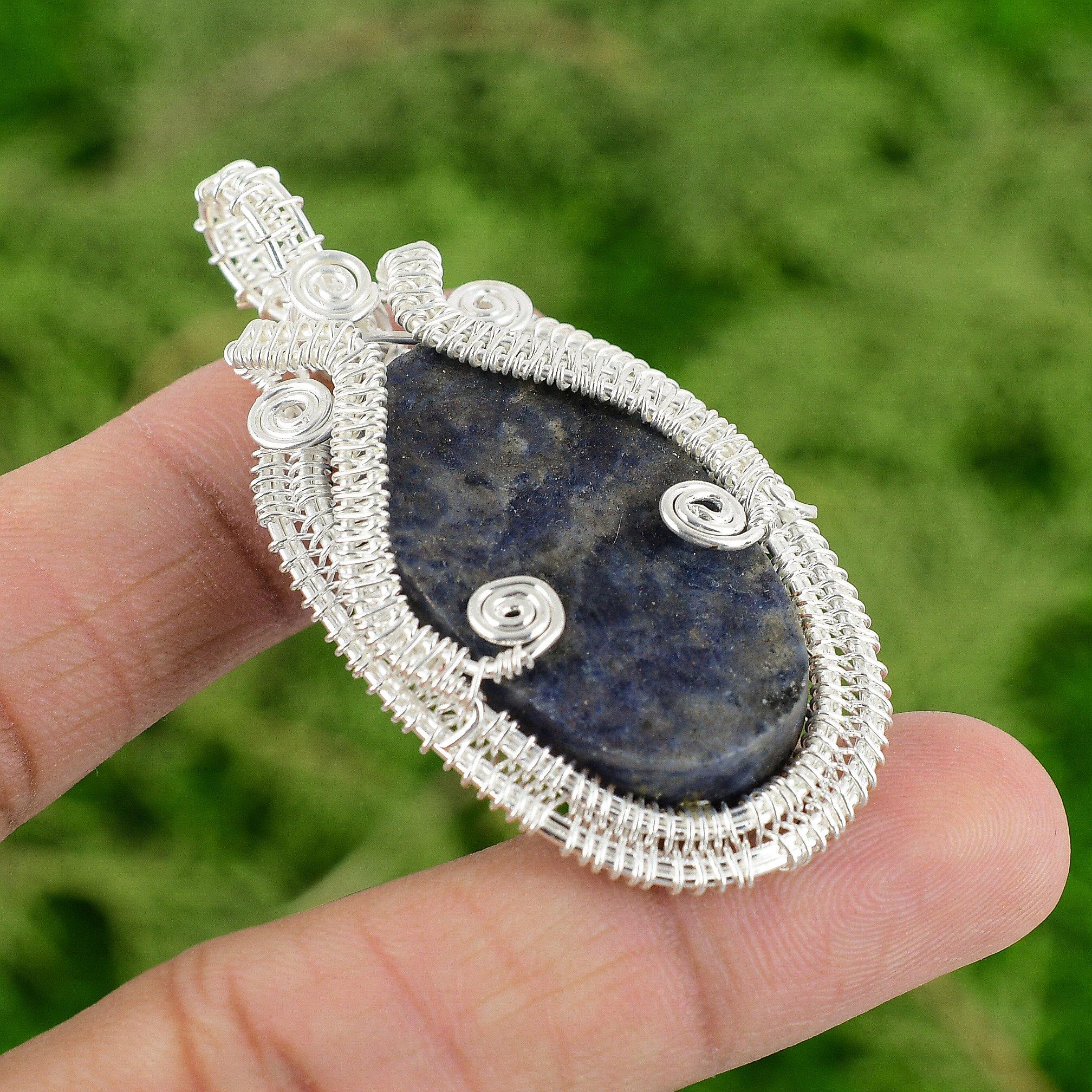 

Sterling Silver Sodalite Stone Bezel Wire Wrapping Wife Wedding Pendant Jewelry