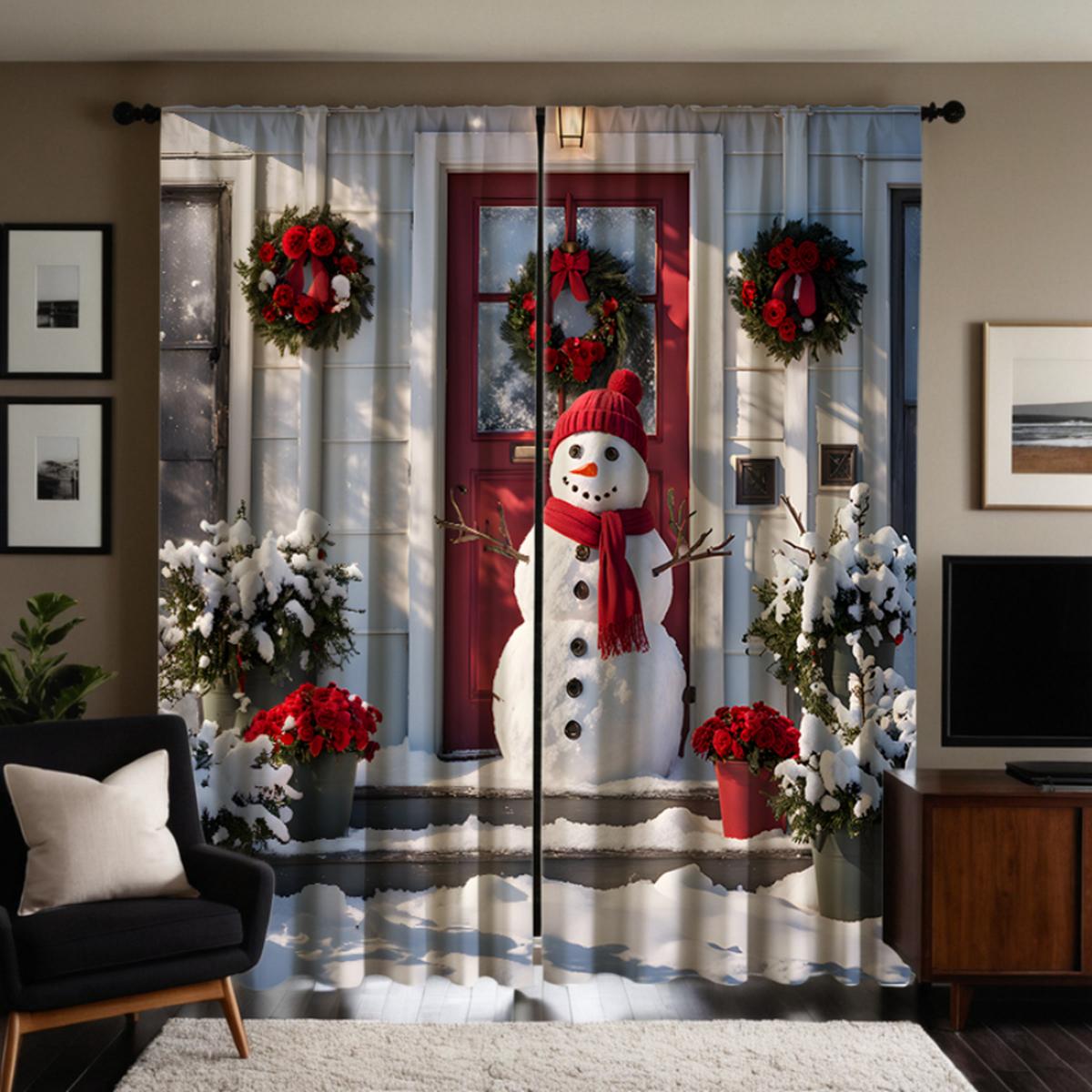

2 шт. HD Рождественский венок Снеговик декоративная занавеска Белый галстук цифровая печать занавеска Украшение дома стиль Украшение гостиной W52H63inchW132H160cm