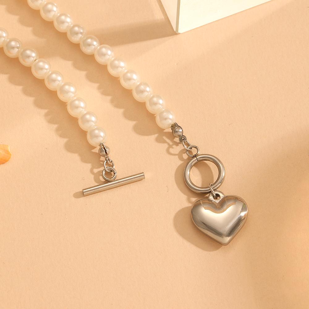 European Faux Pearl Peach Heart Pendant Necklace - Stainless Steel, Colorfast & Smooth Finish for Women