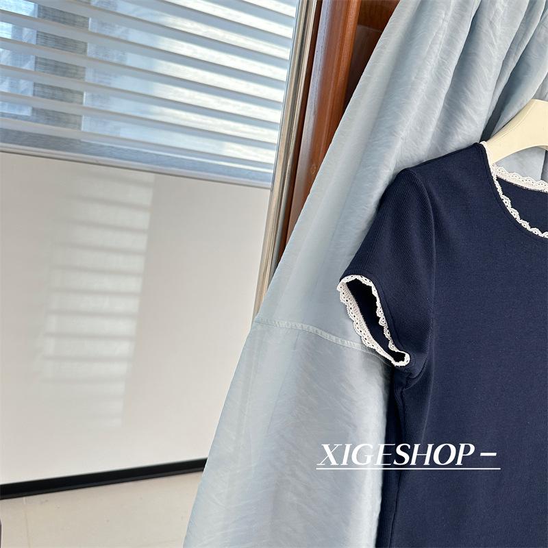 Navy Blue Lace Trim Slim Fit Korean Style Ribbed Stretch Tee, Straight Shoulder Summer T-Shirt