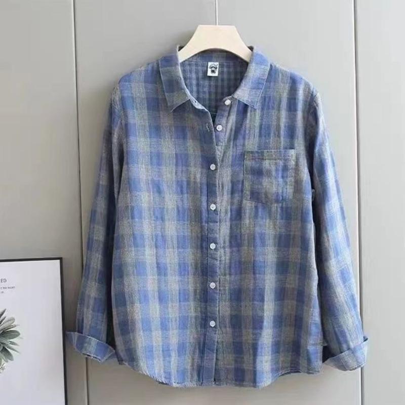 

Рубашка с длинными рукавами из двухслойной хлопковой ткани весна-осень, женская, высококачественная, клетчатая, свободного кроя, утягивающая, против старения 2XL