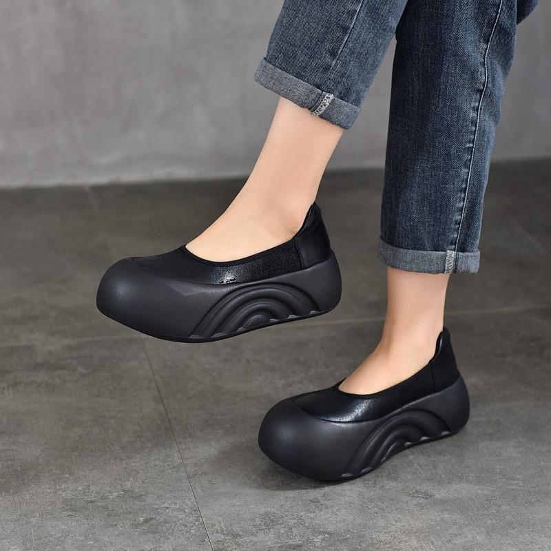 Johnature Retro-Schuhe aus echtem Leder, flache Plateauschuhe, runde Zehenpartie, dicke Sohle, lässige Damen-Schlupfschuhe