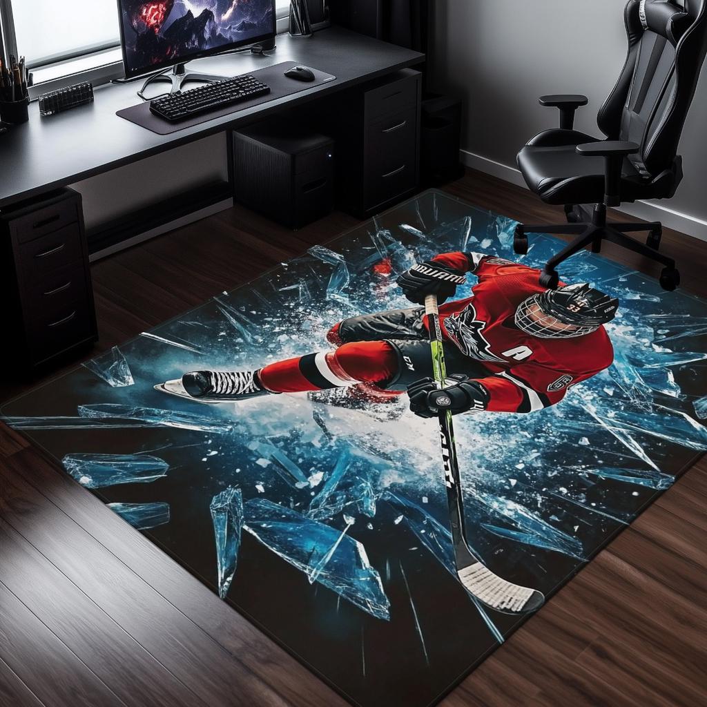 Ice Hockey Player Theme Area Rug, Non-Slip Absorbent Washable Floor Mat for Kitchen Bathroom, Home Entryway Yoga Decor