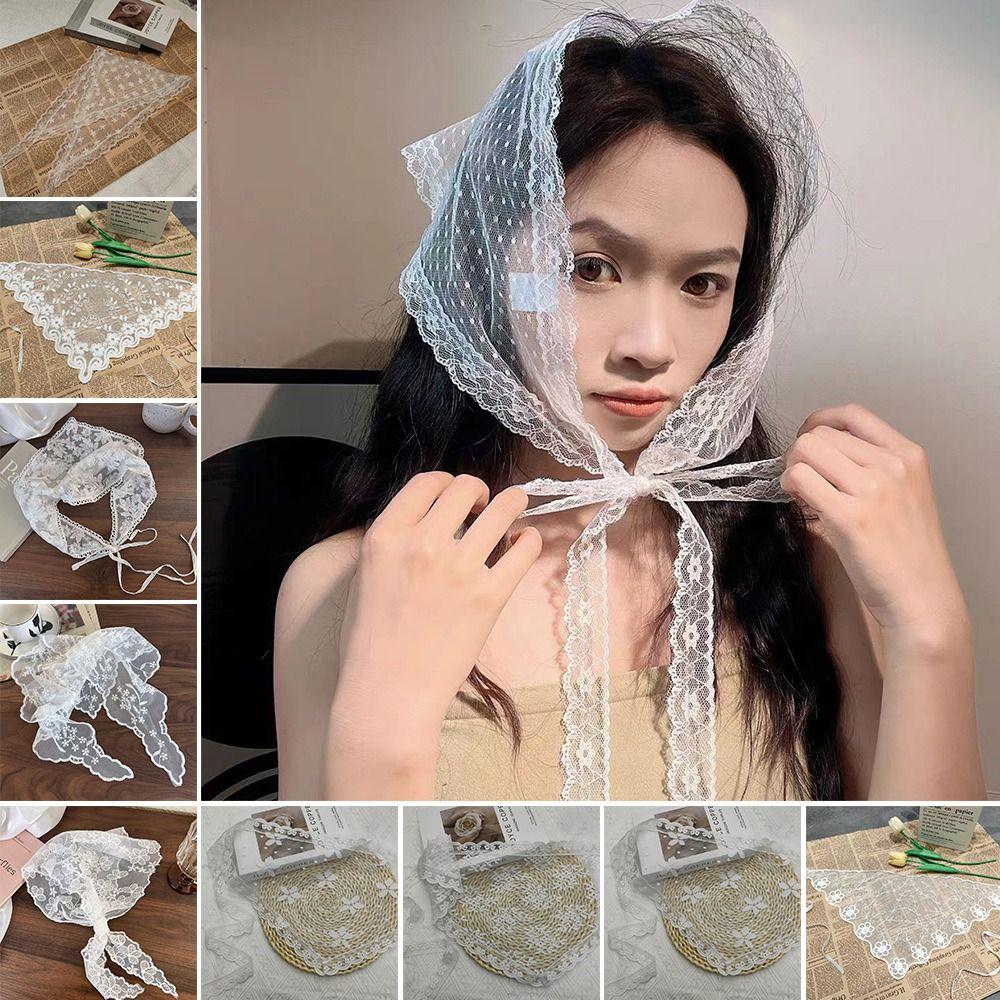 Embroidered Lace Triangle Headscarf Hollow-out Pastoral Style Hair Bandana Woven Floral White Hair Scarf Wraps Hair Accessories