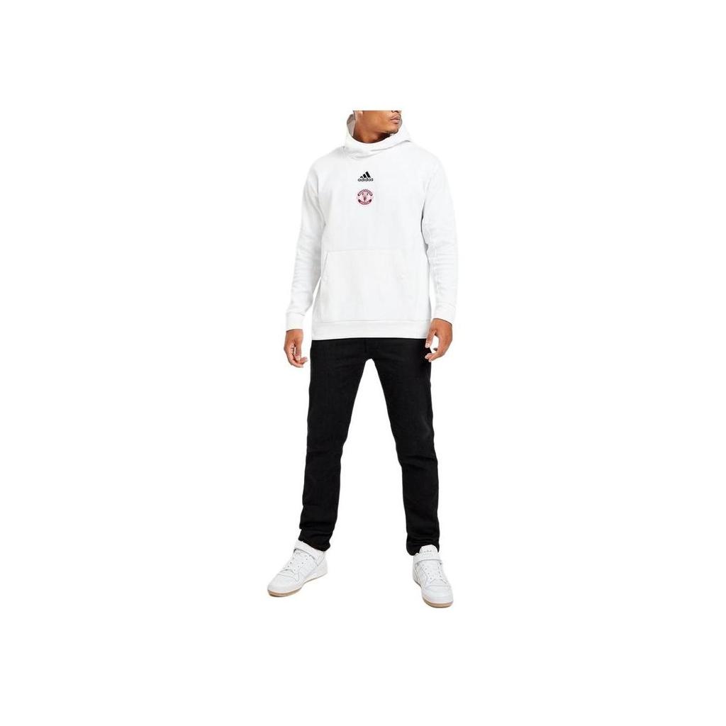 adidas Manchester United Leisure Series Logo Print Long Sleeve Hooded Sweatshirt Sports Casual Pullover Men White HE6643