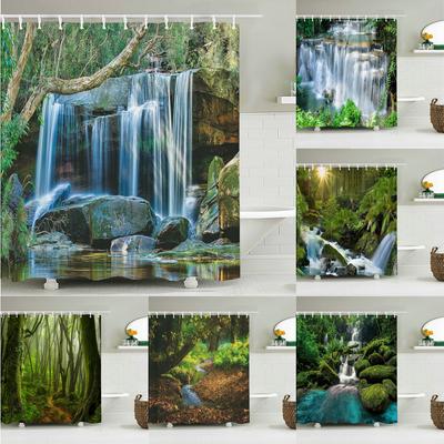Cortina de Chuveiro Paisagem Floresta Natural Impressa em 3D Tecido Impermeável Cachoeira Cortinas de Banheiro Decoração de Parede Grande 300x180