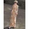 Lanser Women's French Romantic Ruffle Printed Maxi Dress