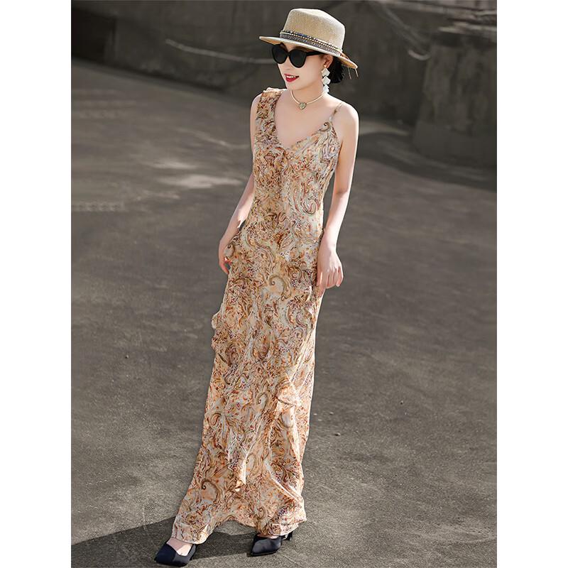 Lanser Women's French Romantic Ruffle Printed Maxi Dress
