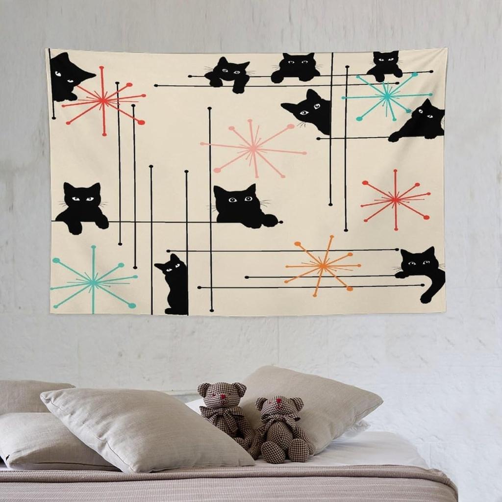 1pc Retro cartoon cat pattern tapestry, polyester fabric, machine washable, suitable for bedroom and living room decoration.