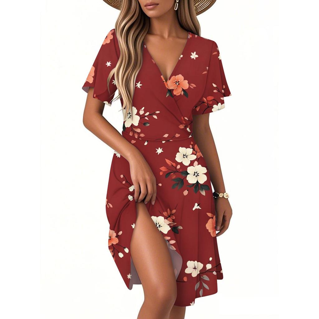 Women's Casual Fashion Dress Vintage Floral Floral Short Sleeve V-neck Dress
