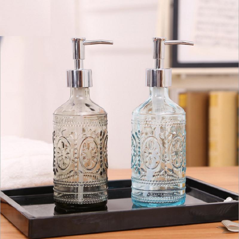 Stylish Blue And Gray Glass Soap Dispenser 420ml Square Bottle For Lotion And Liquid Soap