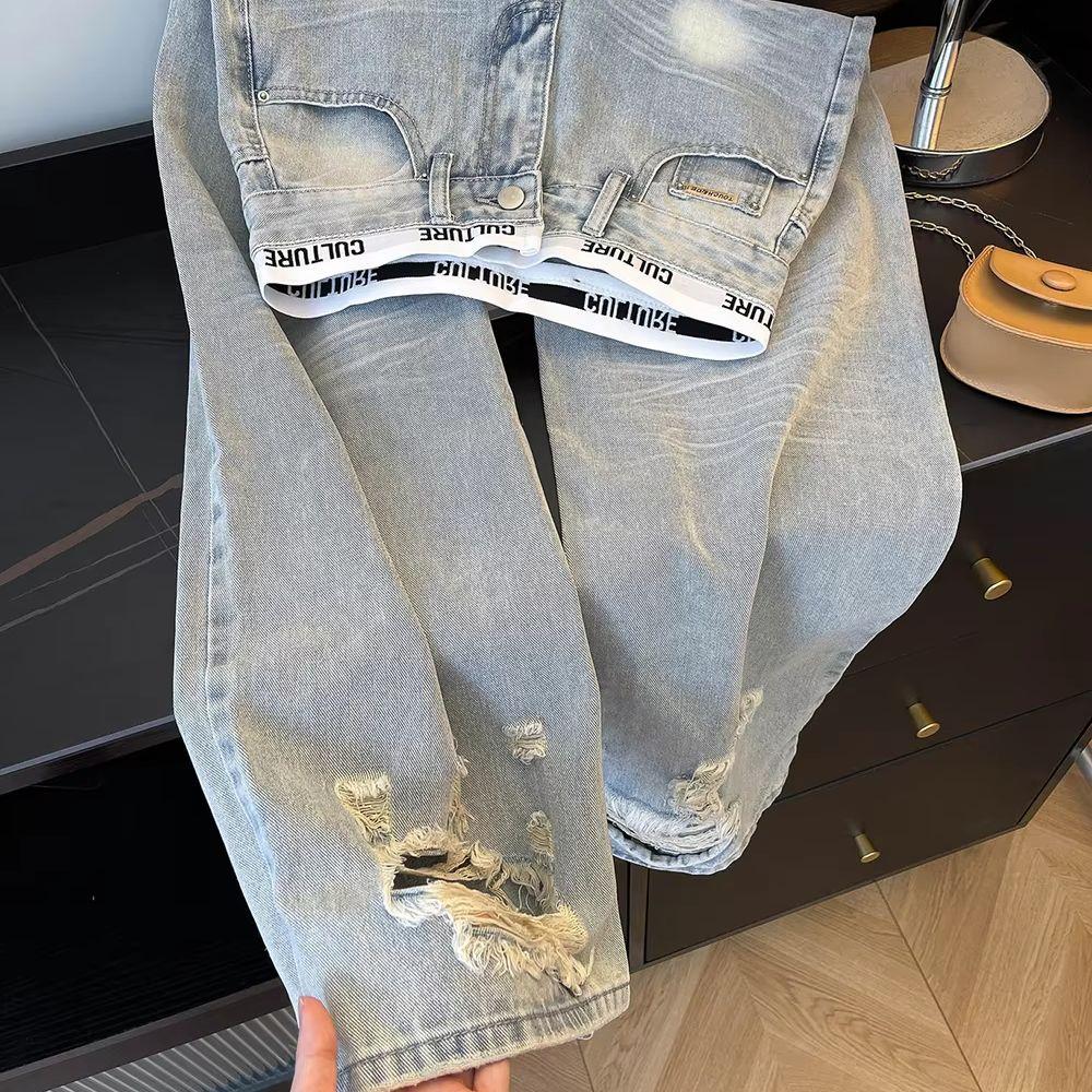 Vintage Ripped Patchwork Jeans für Damen Hohe Taille Gerade Locker Denim Hose Frühling Herbst Weites Bein Hosen