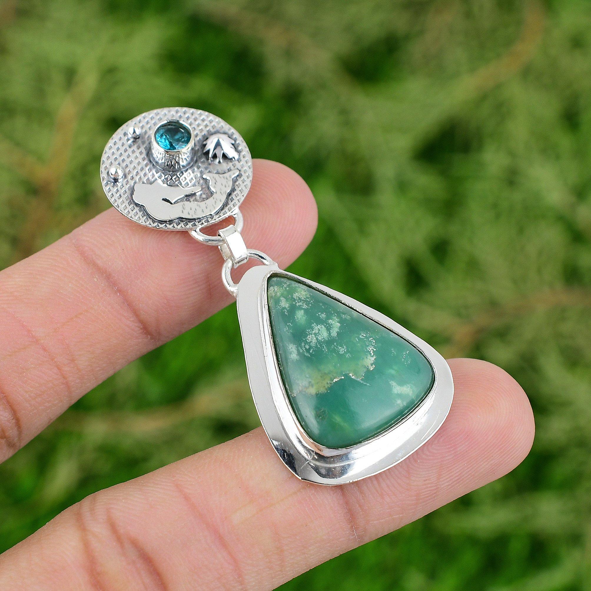 

Бразильский хризопраз драгоценный камень швейцарский голубой топаз кулон русалка стерлинговое серебро