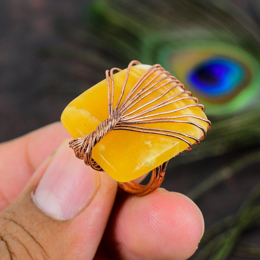 Natural Yellow Fluorite Gemstone Handmade Copper Wire Wrap Ring Size 5.5 R8z16